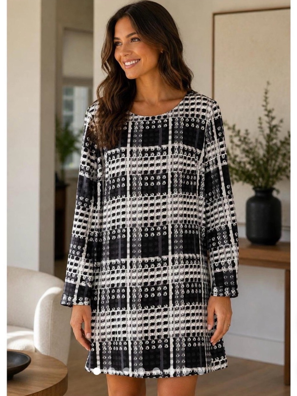 Thakoon Black and White Plaid Long Sleeve Shift Dress Size S
